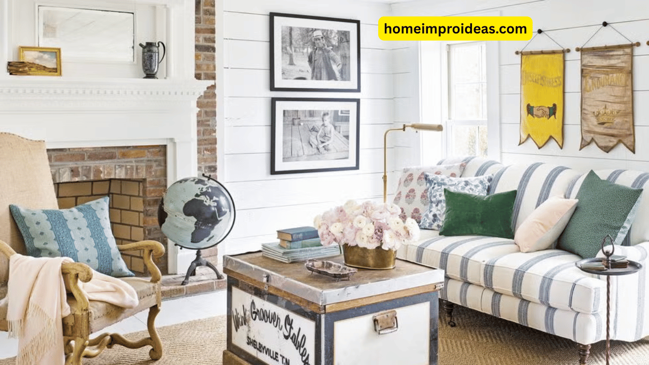 Modern farmhouse living room with rustic wood beams, vintage furniture, and cozy decor
